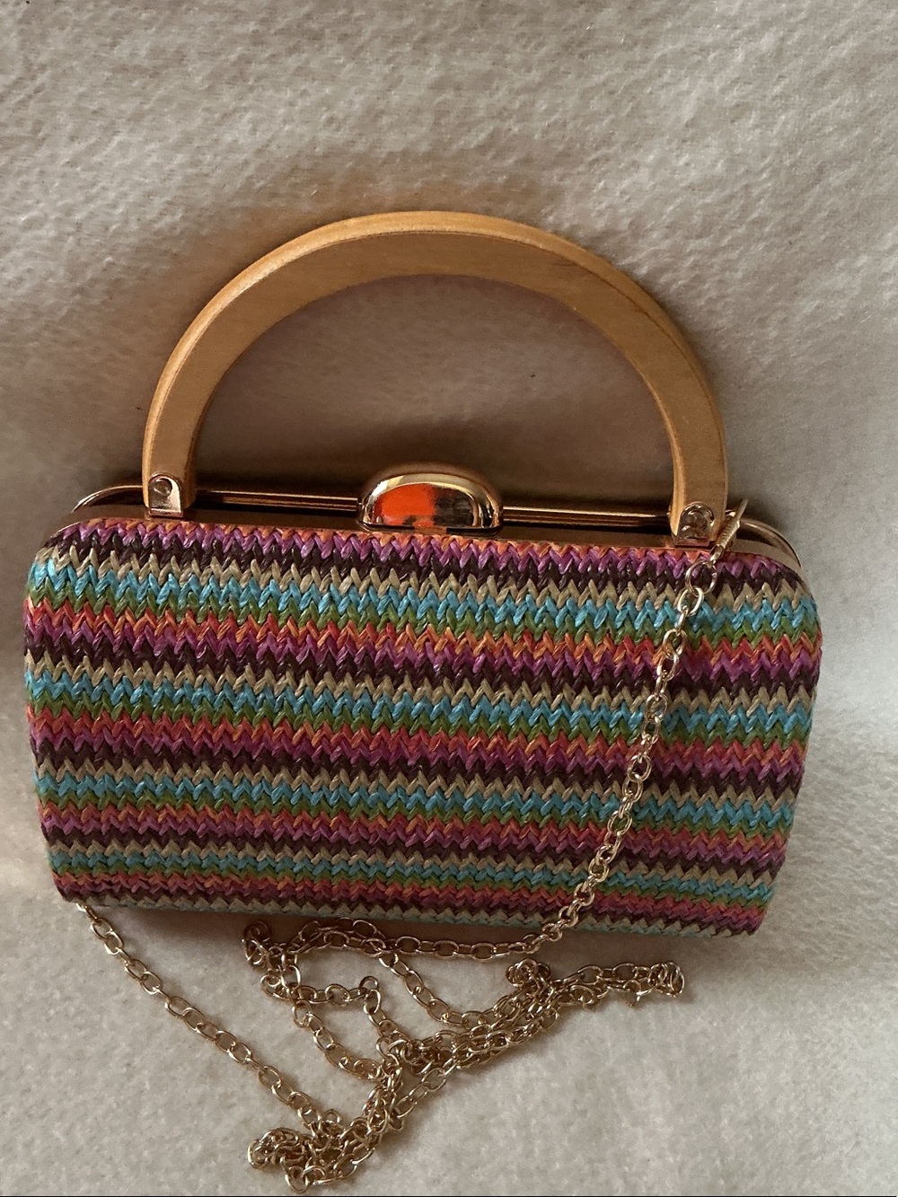 Multicolor Knit Clutch with Gold Handle and Chain Strap